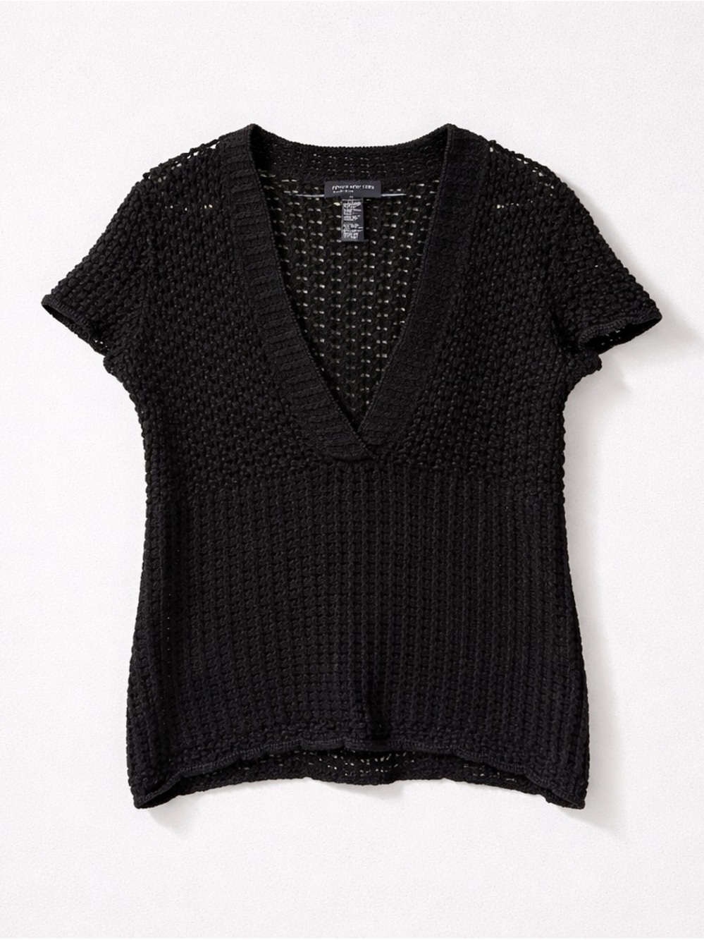 Jones New York Signature Black Open Weave Knit Top XL Short Sleeve V Neck